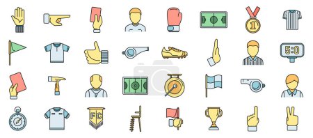 Illustration for Match referee icons set outline vector. Player card. Referee whistle - Royalty Free Image