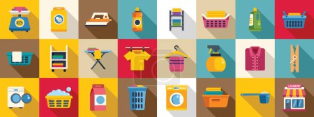 Laundry shop icons set flat vector. Cloth iron basket. Business clean machine