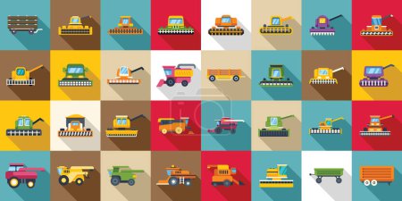 Combine harvester icons set flat vector. Farm agriculture. Summer rural machinery