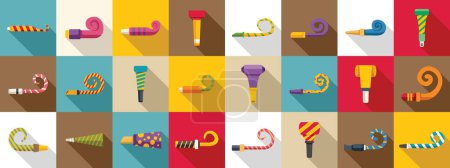 Illustration for Party blower icons set flat vector. Whistle horn happy. Celebration carnival - Royalty Free Image