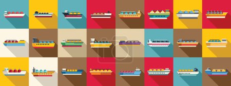 Illustration for Gas carrier ship icons set flat vector. Energy terminal port. Marine boat industry - Royalty Free Image