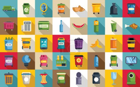 Illustration for Waste sorting icons set flat vector. Garbage sort ecology. Energy recycle bin - Royalty Free Image