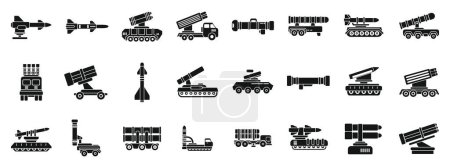 Téléchargez les illustrations : Les icônes du système de missiles antiaériens définissent un vecteur simple. Pistolet d'artillerie. Guerre des véhicules mortiers - en licence libre de droit