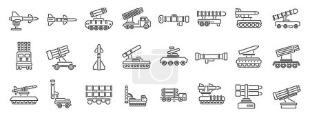 Anti aircraft missile system icons set outline vector. Artillery gun. Mortar vehicle war