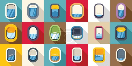 Illustration for Airplane window icons set flat vector. Plane flight. Air travel sky vacation - Royalty Free Image