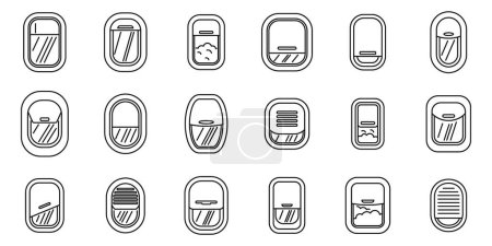 Ilustración de Los iconos de la ventana del avión establecen el vector de contorno. Vuelo en avión. Viajes aéreos cielo vacaciones - Imagen libre de derechos