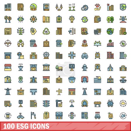 Téléchargez les illustrations : Ensemble d'icônes 100 esg. Ensemble de lignes de couleurs d'icônes vectorielles esg couleur de ligne mince à plat sur blanc - en licence libre de droit