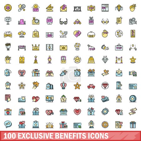 100 avantages exclusifs icônes ensemble. Ensemble de lignes de couleurs d'avantages exclusifs icônes vectorielles couleur de ligne mince plat sur blanc