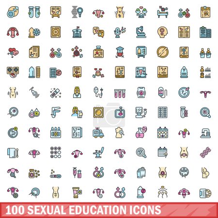 100 iconos de la educación sexual establecidos. Conjunto de línea de color de la educación sexual vector iconos delgada línea de color plano en blanco