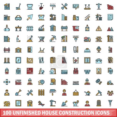 Téléchargez les illustrations : Ensemble de 100 icônes de construction de maison inachevées. Ligne de couleur ensemble d'icônes vectorielles de construction de maison inachevée couleur de ligne mince plat sur blanc - en licence libre de droit