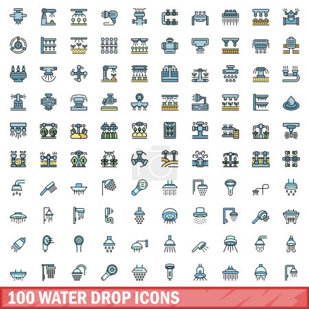 100 water drop icons set. Color line set of water drop vector icons thin line color flat on white