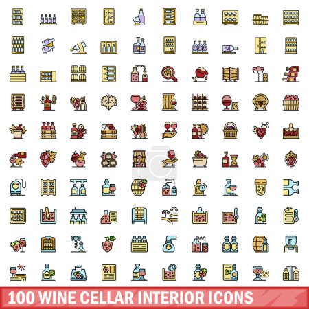 Téléchargez les illustrations : Ensemble de 100 icônes intérieures de cave à vin. Ensemble de ligne de couleur des icônes vectorielles intérieures de cave à vin ligne mince couleur plate sur blanc - en licence libre de droit