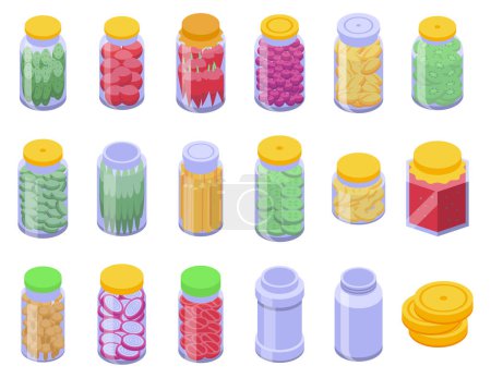 Iconos de frascos de comida en escabeche establecen vector isométrico. Producto conservado. Especias vegetales