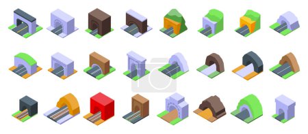 Arch tunnel icons set isometric vector. Road travel entrance. Track rock hill