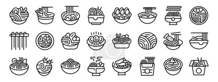 Téléchargez les illustrations : Udon nouilles icônes définir contour vecteur. Repas cuisine. Ramen de cuisine - en licence libre de droit