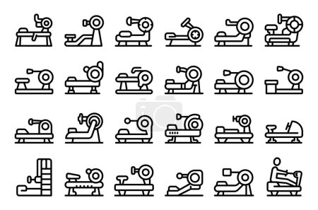 Illustration for Rowing machine icons set outline vector. Exercise active gym. Workout fitness - Royalty Free Image
