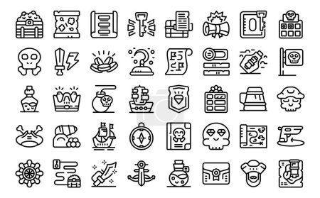 Illustration for Pirate game icons set outline vector. Treasure jewel piracy. Wooden chest box - Royalty Free Image