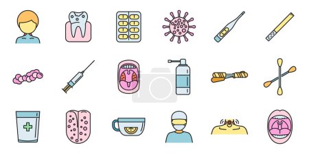 Tonsillitis icons set outline vector. Tonsil anatomy. Mouth throat color line isolated