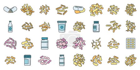 Probiotics microbiology icons set outline vector. Stomach bacteria. Micro food color line isolated