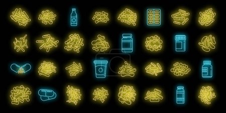 Probiotics microbiology icons set outline vector. Stomach bacteria. Micro food neon isolated