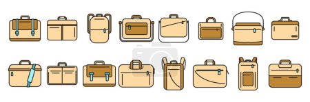 Laptop bag icons set outline vector. Computer case. Shoulder luggage color line isolated