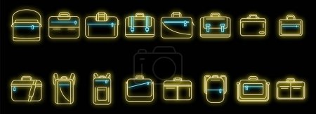 Iconos de bolsa de ordenador portátil conjunto contorno vector. Caso de computadora. Equipaje de hombro neón aislado
