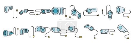 Retractable dog leash icons set outline vector. Animal leather. Carabiner accessory color line isolated