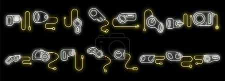 Retractable dog leash icons set outline vector. Animal leather. Carabiner accessory neon isolated