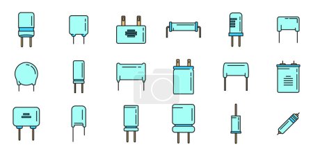 Capacitor icons set outline vector. Polyester ceramic capacitor. Bipolar condeser color line isolated