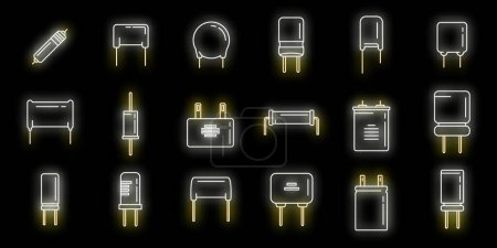 Capacitor icons set outline vector. Polyester ceramic capacitor. Bipolar condeser neon isolated