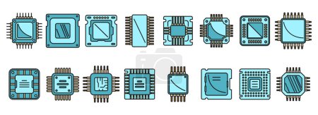 Processor icons set outline vector. Central computer card. Electronic chip color line isolated