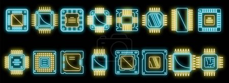 Processor icons set outline vector. Central computer card. Electronic chip neon isolated