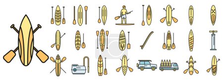 Les icônes de surf Sup définissent un vecteur de contour. Planche de surf. Ligne de couleur d'engrenage de flaque isolé