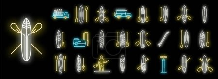 Les icônes de surf Sup définissent un vecteur de contour. Planche de surf. Matériel de flaque néon isolé