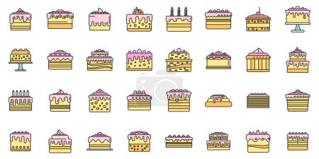 Illustration for Cake icons set outline vector. Cream dessert. Bakery party color line isolated - Royalty Free Image