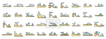 Sandalen-Symbole setzen Umrissvektoren. Fußschuhe. Füße Zubehör Farbe Linie isoliert