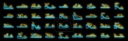 Sandalen-Symbole setzen Umrissvektoren. Fußschuhe. Füße Zubehör Neon isoliert