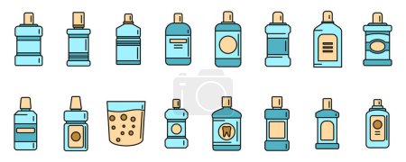 Illustration for Tooth rinse icons set outline vector. Fresh breath. Liquid bottle color line isolated - Royalty Free Image