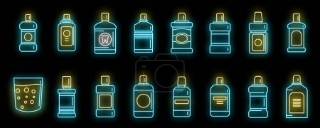 Illustration for Tooth rinse icons set outline vector. Fresh breath. Liquid bottle neon isolated - Royalty Free Image