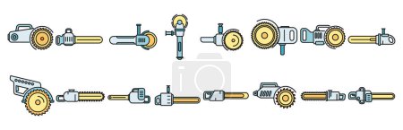 Electric saw icons set outline vector. Chainsaw equipment. Builder device color line isolated