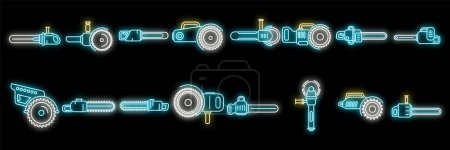 Iconos de sierra eléctrica conjunto contorno vector. Equipo de motosierra. Dispositivo constructor neón aislado