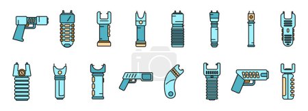 Taser icons set outline vector. Police gun. Safety stun electroshock color line isolated