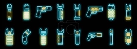 Taser icons set outline vector. Police gun. Safety stun electroshock neon isolated