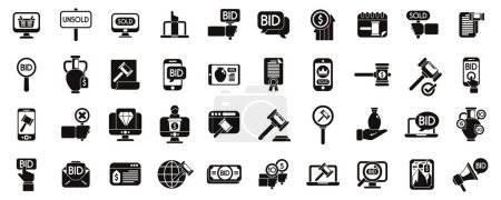 Online auction icons set simple vector. Bid property law. Procurement business money