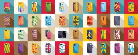 Case mobile phone icons set flat vector. Pro camera. Flip leather wallet