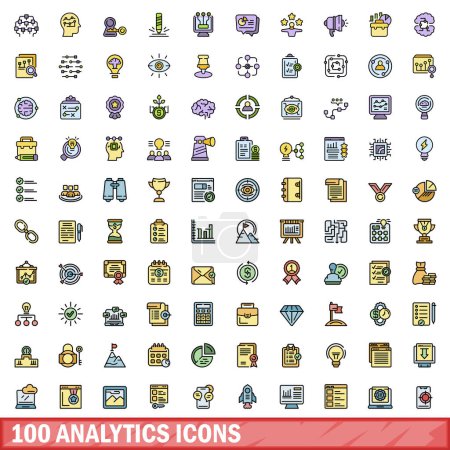 Téléchargez les illustrations : Ensemble de 100 icônes analytiques. Jeu de lignes de couleurs d'icônes vectorielles analytiques couleur de ligne mince à plat sur blanc - en licence libre de droit