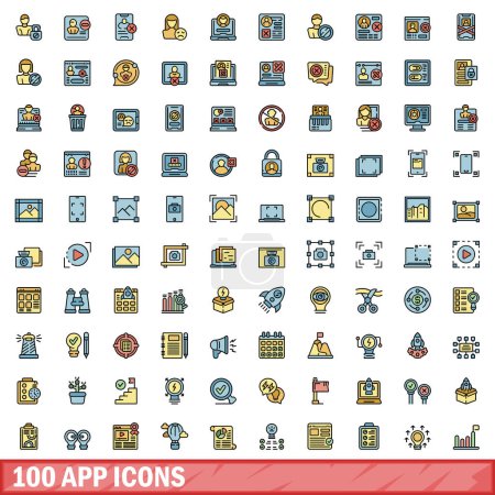 100 App-Symbole gesetzt. Color Line Set von App-Vektorsymbolen dünne Linie Farbe flach auf weiß