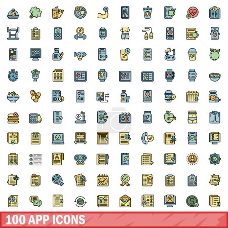 Ensemble de 100 icônes d'application. Jeu de lignes de couleurs d'icônes vectorielles app mince ligne de couleur plate sur blanc
