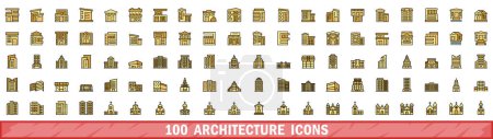 Téléchargez les illustrations : Ensemble de 100 icônes d'architecture. Ensemble de lignes de couleurs d'icônes vectorielles d'architecture couleur de ligne mince à plat sur blanc - en licence libre de droit
