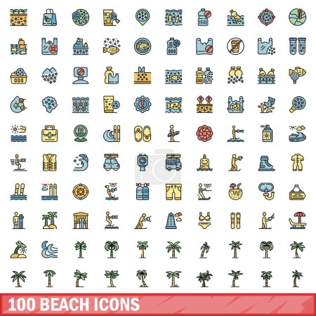 Ensemble de 100 icônes de plage. Ensemble de lignes de couleurs d'icônes vectorielles de plage couleur de ligne mince à plat sur blanc